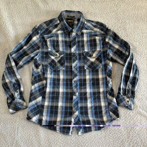 Helix Mens Shirt Large Western Blue & Black Plaid Pearl Snap Cowboy Rodeo